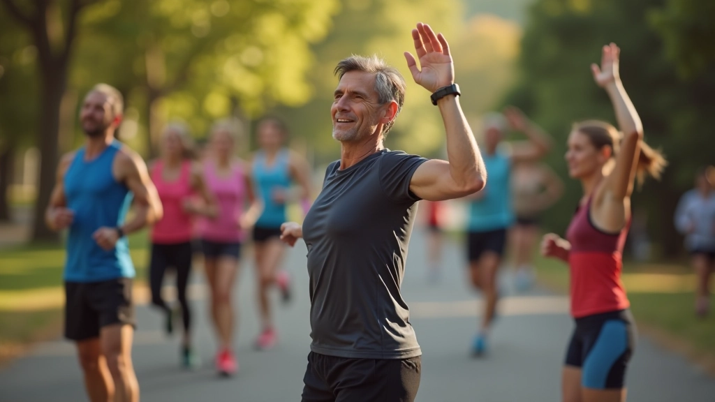 Mature runners stretching together before a group workout