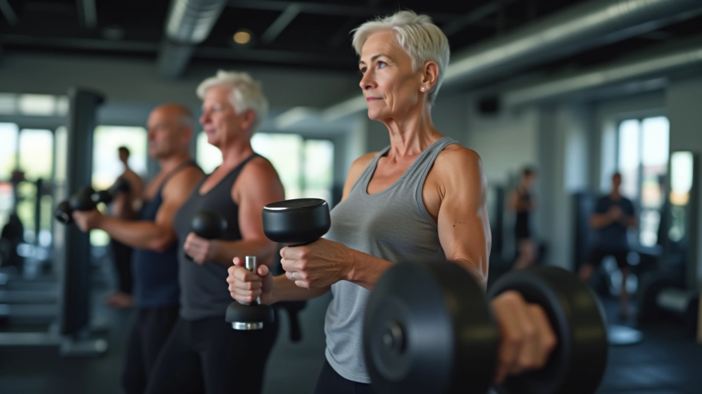 Group of mature adults in gym environment doing strength training exercises with dumbbells and equipment
