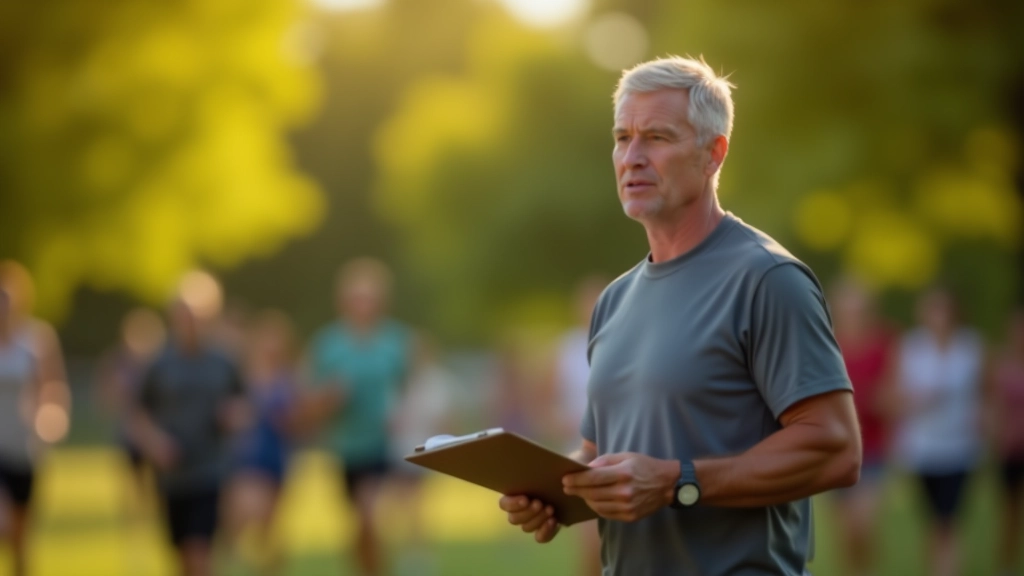 Running coach leading group interval session on outdoor track with mature athletes