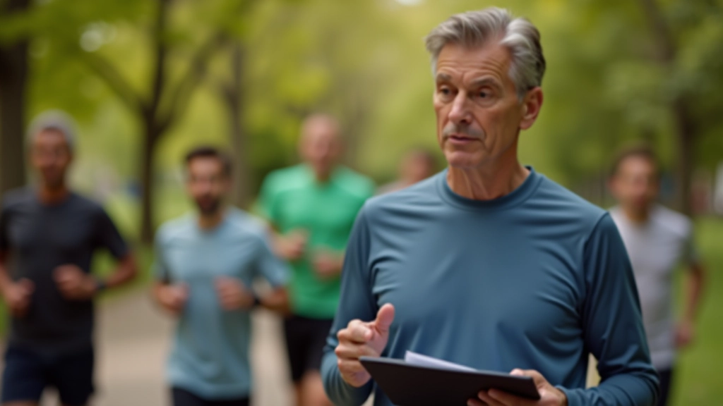 Coach pointing at a training plan on a clipboard while runners listen during a session briefing