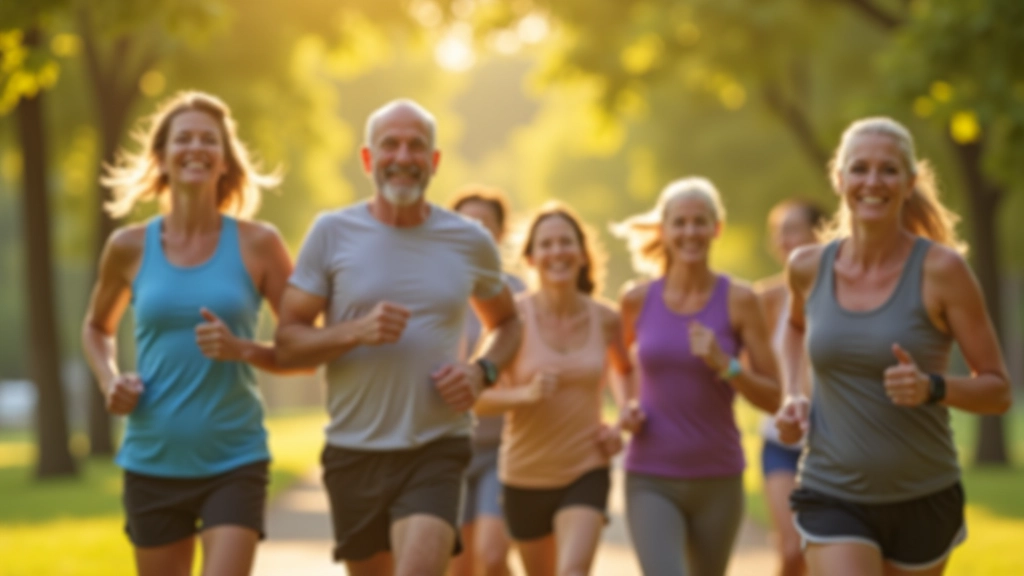 Group of mature runners jogging together in a park during morning light
