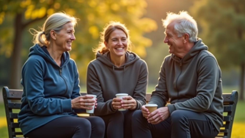 Small group of mature runners relaxing together after their Parkrun event, enjoying coffee and conversation