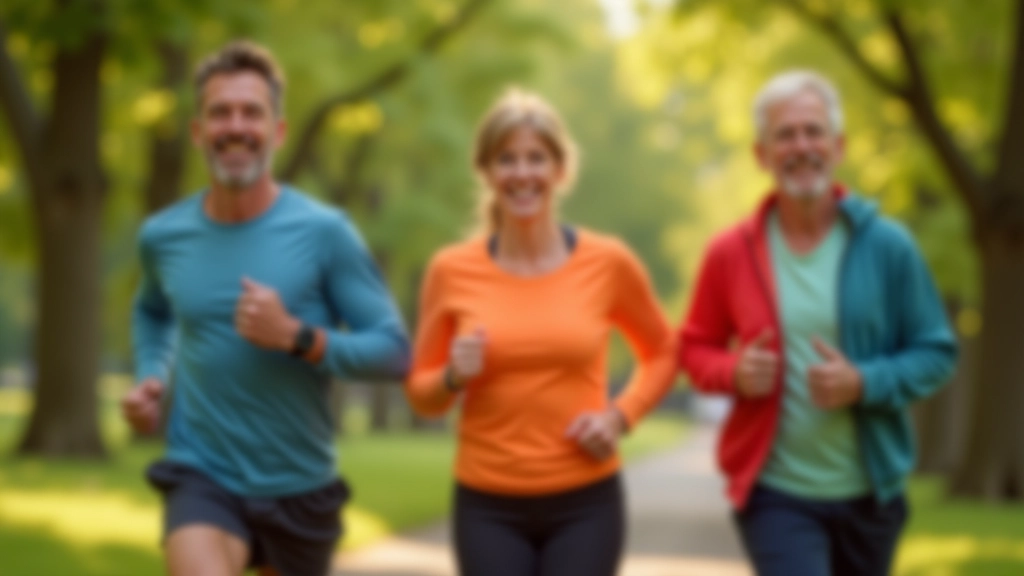 Mature runners of mixed ages jogging together on tree-lined path in park