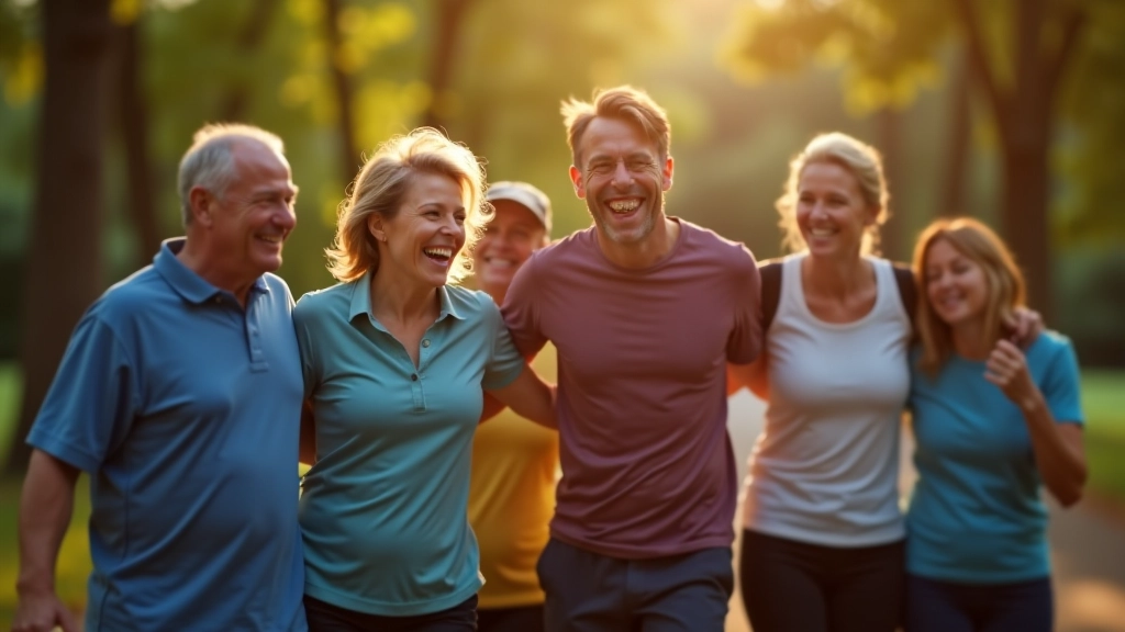 Mature runners celebrating after a group run in a park setting