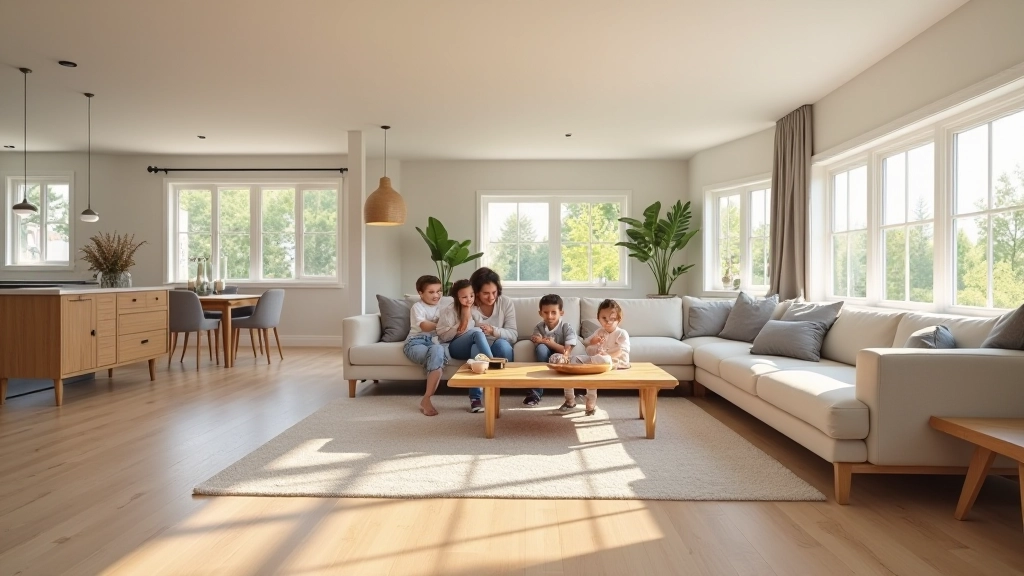 Living room with new flooring, smart lighting, and open layout for family use