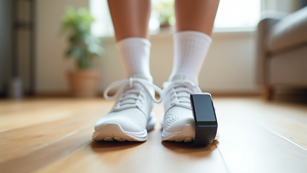 Running shoes on wooden floor with athletic socks and fitness tracker nearby