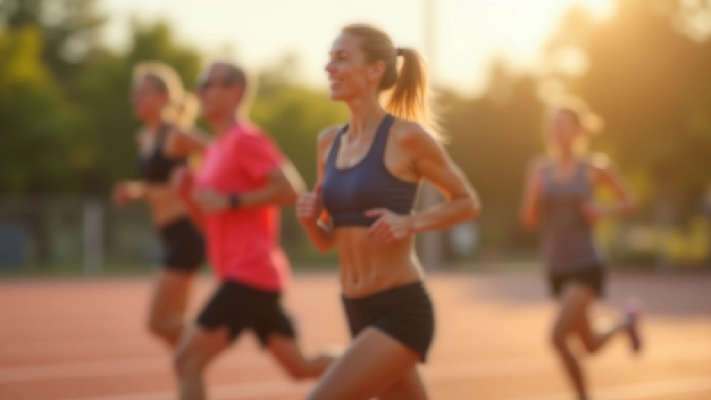 Mature runners performing warm-up exercises on a running track, stretching and preparing for interval training
