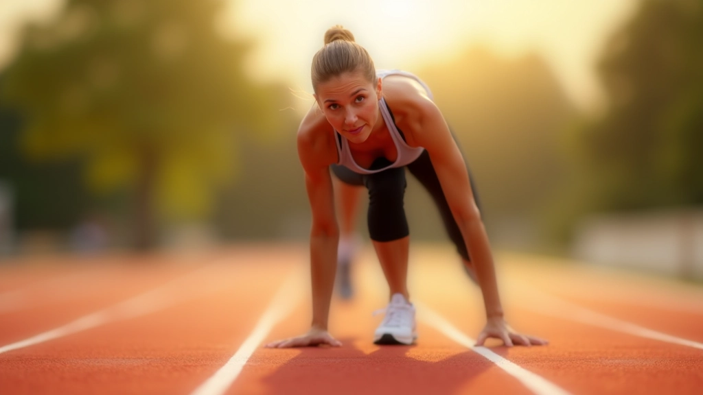 Mature female runner stretching before workout session on outdoor running track with morning light