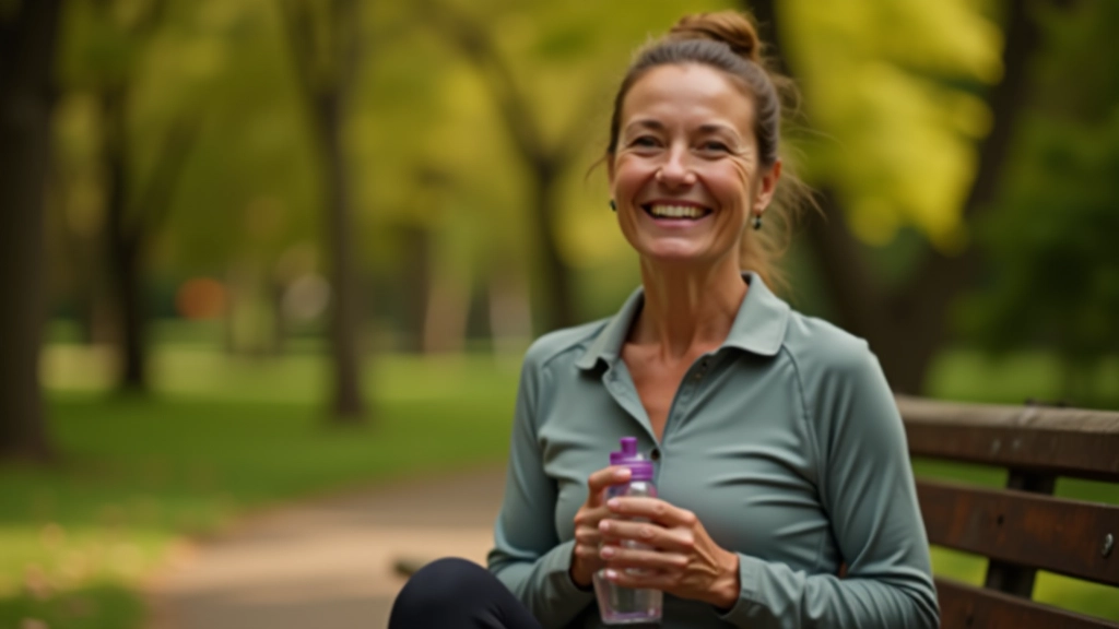 Mature woman hydrating with water bottle after running, outdoor park setting